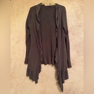 Ruffled Open-Front Cardigan Sweater - Gray